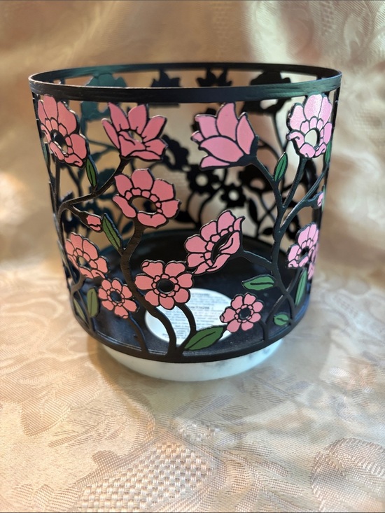Bath & Body Works Other - Bath & Body Works Black Metal Candle Sleeve with Pink Floral Cutouts